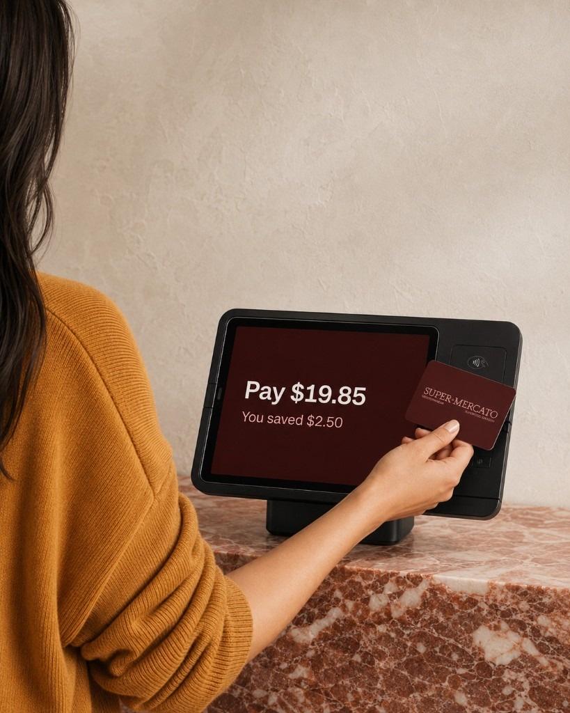 A shopper taps a Super Mercato membership card at the checkout and sees a $2.50 saving.